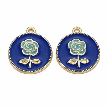 Rack Plating Alloy Pendants, with Enamel, Cadmium Free & Lead Free, Flat Round with Rose, Light Gold, Blue, 20.5x18x2mm, Hole: 1.6mm