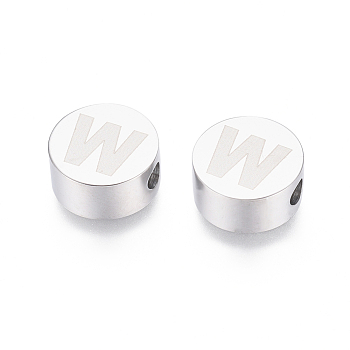 304 Stainless Steel Beads, Flat Round with Letter, Letter.W, 10x4.5mm, Hole: 2mm