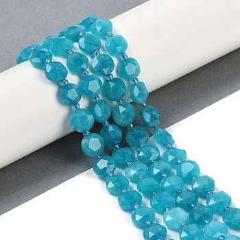 Natural Amazonite Dyed  Beads Strands, Faceted Pentagonal Cut, Flat Round, with Seed Beads, Dark Turquoise, 10~10.5x5~6mm, Hole: 1mm, about 32~33pcs/strand, 15.75''(40cm)