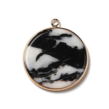 Natural Black & White Agate Pendants, Flat Round Charms, with Golden Plated Brass Frame, 35x31x3~3.5mm, Hole: 2.5mm