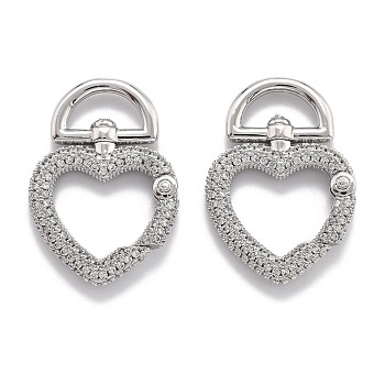 Brass Clear Cubic Zirconia Swivel Clasps, Long-Lasting Plated, Heart, Real Platinum Plated, 29x20x4mm, Hole: 10x5mm