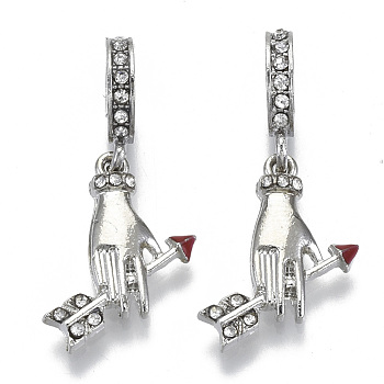 Alloy European Dangle Charms, with Crystal Rhinestone and Enamel, Large Hole Pendants, Hand with Arrow, Platinum, Red, 31mm, Hole: 5mm, Pendants: 20x15x3mm