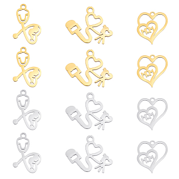 DICOSMETIC 12Pcs 6 Style Ion Plating(IP) 201 Stainless Steel Pendants, Laser Cut, Heart, Golden & Stainless Steel Color, 2pcs/style