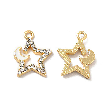 Rack Plating Alloy Rhinestone Pendants, with Enamel, Nickel Free, Star with Moon Charms, Golden, White, 17x13x2mm, Hole: 1.6mm