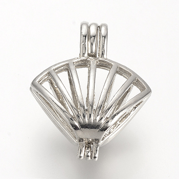 Alloy Diffuser Locket Pendants, Cage Pendants, Fan, Platinum, 23.5x19.5x11mm, Hole: 3.5x4.5mm, inner measure: 12x16mm