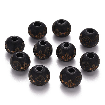 Painted Natural Wood Beads, Laser Engraved Pattern, Round with Flower Pattern, Black, 10x9mm, Hole: 3mm