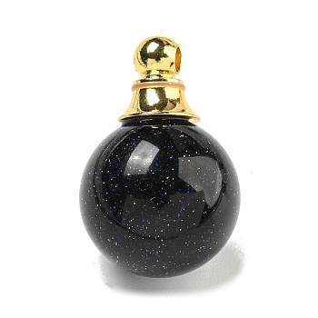 Synthetic Blue Goldstone Perfume Bottle Pendants, with 304 Stainless Steel Findings, Round, 25x16mm, Hole: 2mm