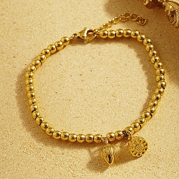 Stainless Steel Lotus Flower Charm Bracelet with Round Beaded, Real 18K Gold Plated, 6-1/4 inch(16cm)