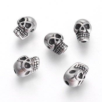 304 Stainless Steel Beads, Skull, Antique Silver, 8x6x5mm, Hole: 1.5mm