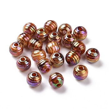 UV Plating Rainbow Iridescent Acrylic Beads, with Gold Foil, Grooved Beads, Round, Sienna, 14x13mm, Hole: 4mm