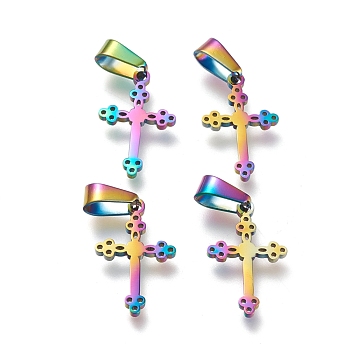 Ion Plating(IP) 304 Stainless Steel Pendants, Laser Cut, Cross, Rainbow Color, 20x13x1.5mm, Hole: 3.5x7mm