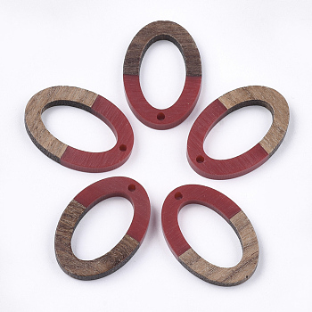 Resin & Walnut Wood Pendants, Oval, FireBrick, 28.5x19.5x3~4mm, Hole: 1.8mm