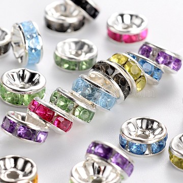 Rhinestone Spacer Beads, Iron, Grade B, Silver Color Plated, Mixed Color, 8x3.8mm, Hole: 2mm(X-RB-B009-M)