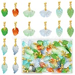 48Pcs 8 Styles Glass Pendants, Leaf Charms, with Brass Findings, Golden, Mixed Color, 24~28mm, 6pcs/style(PALLOY-YW00220)