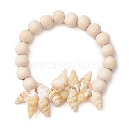 Summer Beach Natural Spiral Shell Stretch Bracelets, 8mm Round Wood Beaded Stretch Bracelets for Women, Floral White, Inner Diameter: 1-7/8 inch(4.85cm)(BJEW-JB10355)