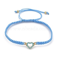 Adjustable Nylon Cord Braided Bead Bracelets, with Alloy Resin Link and Round Brass Round Beads, Heart, Light Sky Blue, Inner Diameter: 2-3/8~4-3/8 inch(6.2~11cm)(BJEW-JB05394-02)