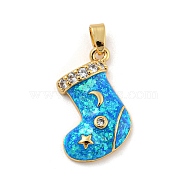 Christmas Brass Micro Pave Cubic Zirconia Pendant, with Synthetic Opal, Christmas Stocking, Deep Sky Blue, 19x16.5x4.5mm, Hole: 5x3mm(KK-H468-02C-02G)