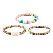 Coconut Beads Stretch Bracelets Set, Handmade Polymer Clay Beads Bracelets for Men Woman, Mixed Color, Inner Diameter: 2-1/8~2-1/4 inch(5.5~5.8cm), 3pcs/set(BJEW-JB07006)