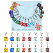 16Pcs Square Handmade Millefiori Glass Pendant Locking Stitch Markers, Zinc Alloy Crochet Lobster Clasp Charms, Mixed Color, 3.1cm(HJEW-AB00654)