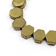 Electroplate Non-magnetic Synthetic Hematite Bead Strands, Hexagon, Golden Plated, 6x6x2mm, Hole: 1mm, about 68pcs/strand, 15.7 inch(G-M087-01)