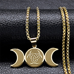 304 Stainless Steel Triple Moon Pendant Necklaces, Box Chains Jewelry for Men Women, Golden, 23.62 inch(60cm)(NJEW-P293-06G)