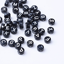 Craft Acrylic Horizontal Hole Letter Beads, Flat Round, White, 6~7x3.5~4mm, Hole: 2mmg(X-SACR-S201-07)