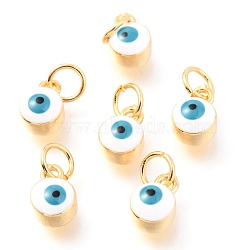 Brass Enamel Pendants, Long-Lasting Plated, Real 18K Gold Plated, with Jump Rings, Column with Evil Eye, White, 8x5.5x4.5mm,Jump Ring: 5x0.6mm, 3mm inner diameter(KK-Y001-02A-06G)