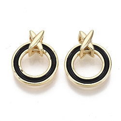 Brass Enamel Charms, Ring, Real 18K Gold Plated, Nickel Free, Black, 12.5x1.5mm, Inner Diameter: 7mm, X Shape: 6.5x4.5x5.5mm(KK-S356-085B-NF)