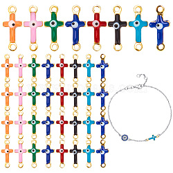 AHADERMAKER 42Pcs 7 Colors Brass Enamel Connector Charms, Real 18K Gold Plated, Religion Cross with Evil Eye Pattern, Mixed Color, 5.5x13x3mm, Hole: 1.2mm, 6pcs/color(KK-GA0001-51)