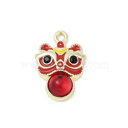 Alloy Enamel Pendants, with Resin, Cadmium Free & Nickel Free & Lead Free, Lion Dance Charm, Golden, Rack Plating, Red, 19.5x13.5x4.5mm, Hole: 1.6mm(PALLOY-R151-27G)