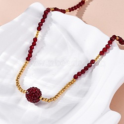 Polymer Clay Rhinestone Round Pendant Necklaces, 304 Stainless Steel & Glass Beaded Necklaces, Ion Plating(IP), Dark Red, Real 14K Gold Plated, 16.69 inch(42.4cm)(NJEW-U026-21G)