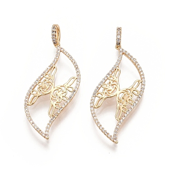 Brass Micro Pave Clear Cubic Zirconia Pendants, Nickel Free, Leaf Charms, Real 18K Gold Plated, 42x16x2.5mm, Hole: 3x4.5mm