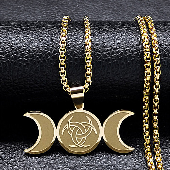 304 Stainless Steel Triple Moon Pendant Necklaces, Box Chains Jewelry for Men Women, Golden, 23.62 inch(60cm)
