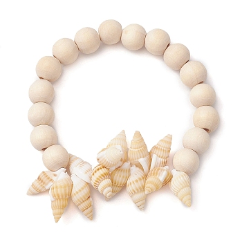 Summer Beach Natural Spiral Shell Stretch Bracelets, 8mm Round Wood Beaded Stretch Bracelets for Women, Floral White, Inner Diameter: 1-7/8 inch(4.85cm)