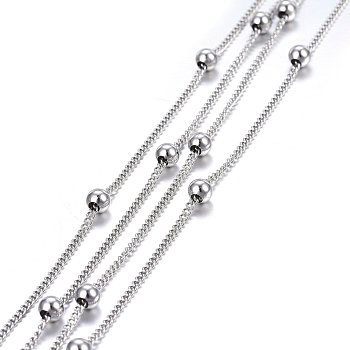 3.28 Feet 304 Stainless Steel Twisted Chains/Curb Chains, Satellite Chains, Soldered, Stainless Steel Color, 1.8x1.4x0.4mm, Beads: 4x3.5mm