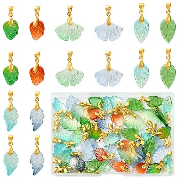 48Pcs 8 Styles Glass Pendants, Leaf Charms, with Brass Findings, Golden, Mixed Color, 24~28mm, 6pcs/style