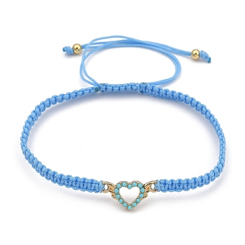 Adjustable Nylon Cord Braided Bead Bracelets, with Alloy Resin Link and Round Brass Round Beads, Heart, Light Sky Blue, Inner Diameter: 2-3/8~4-3/8 inch(6.2~11cm)