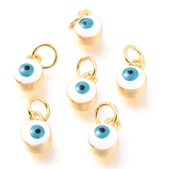 Brass Enamel Pendants, Long-Lasting Plated, Real 18K Gold Plated, with Jump Rings, Column with Evil Eye, White, 8x5.5x4.5mm,Jump Ring: 5x0.6mm, 3mm inner diameter