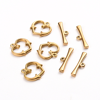 Ion Plating(IP) 304 Stainless Steel Toggle Clasps, Heart, Golden, Heart: 15x15.5x2mm, Hole: 1.6mm, Bar: 21x6x2.5mm, Hole: 1.5mm