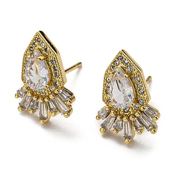 Rack Plating Brass Teardrop Stud Earrings with Cubic Zirconia, Lead Free & Cadmium Free, Real 18K Gold Plated, 15x10mm