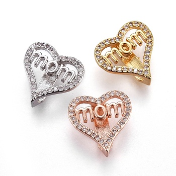 Mother's Day Theme, Brass Micro Pave Cubic Zirconia Slide Charms, Lead Free & Cadmium Free, Heart with Word Mom, Clear, Mixed Color, 15x15x5.5mm, Hole: 2x11mm