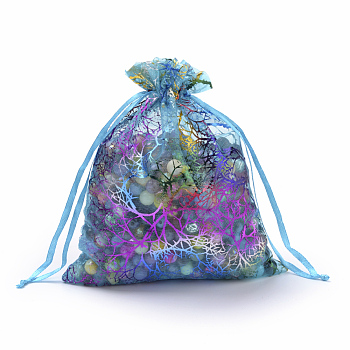 Organza Gift Bags, Drawstring Bags, with Colorful Coral Pattern, Rectangle, Dark Turquoise, 7x5cm