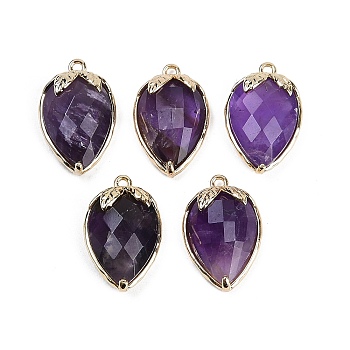 Natural Amethyst Faceted Pendants, Rack Plating Brass Strawberry Charms, Golden, 18x11x5~5.5mm, Hole: 1.2mm