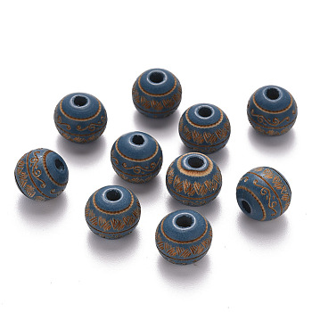 Painted Natural Wood Beads, Laser Engraved Pattern, Round with Leave Pattern, Steel Blue, 10x9mm, Hole: 2.5mm