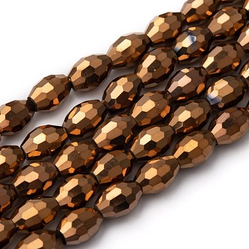 Electroplate Glass Beads, Red Copper Plated, Faceted Oval, Goldenrod, bead: 8mm long, 6mm thick, hole: 1.5mm, about 72pcs/strand