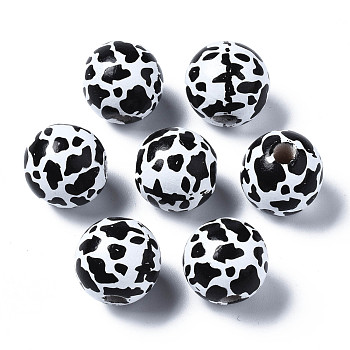 Painted Natural Wood European Beads, Large Hole Beads, Printed, Round with Leopard Print, Black, 16x15mm, Hole: 4mm