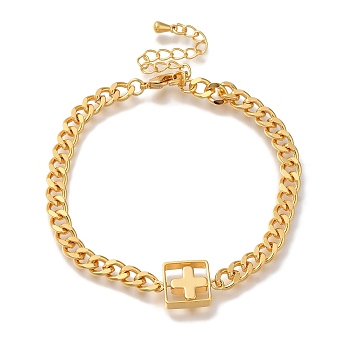 Cross Brass Charm Bracelets for Women, Real 18K Gold Plated, 6-3/4 inch(17.1cm)