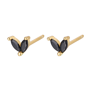 Golden 925 Sterling Silver Micro Pave Cubic Zirconia Stud Earrings, Leaf, Black, 5.5mm