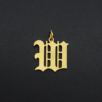 201 Stainless Steel Pendants, with Jump Ring, Old English, Letter, Laser Cut, Golden, Letter.W, 16x16x1mm, Hole: 3mm