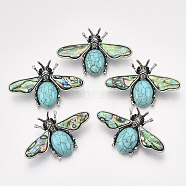 Synthetic Turquoise Brooches/Pendants, with Rhinestone and Alloy Findings, Abalone Shell/Paua Shelland Resin Bottom, Bee, Antique Silver, 36x56.5x14mm, Hole: 7x4mm, Pin: 0.7mm(G-S353-08G)